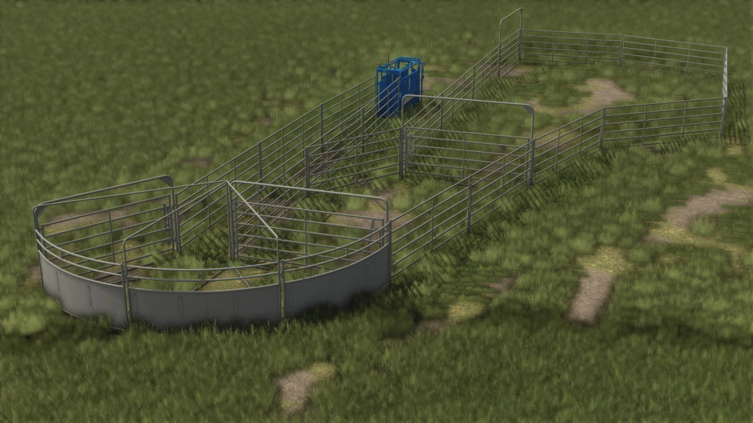 Farming Simulator 25 mod: Blue cattle working pack with metal fencing and round cattle pen for livestock management.