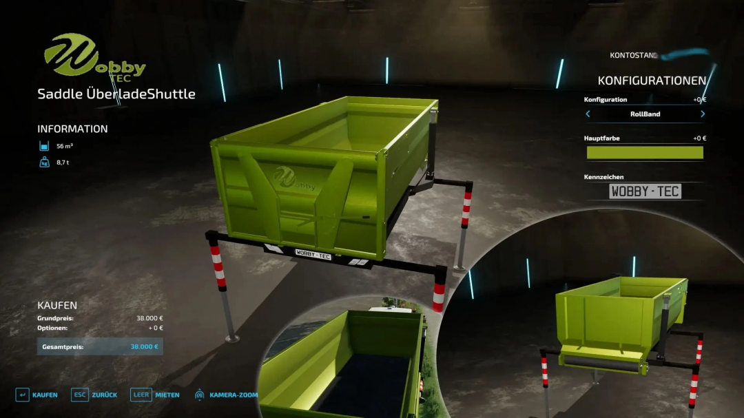 Farming Simulator 25 mod: Green saddle overload shuttle with safety bars, used for transporting goods, labeled WOBBY-TEC.