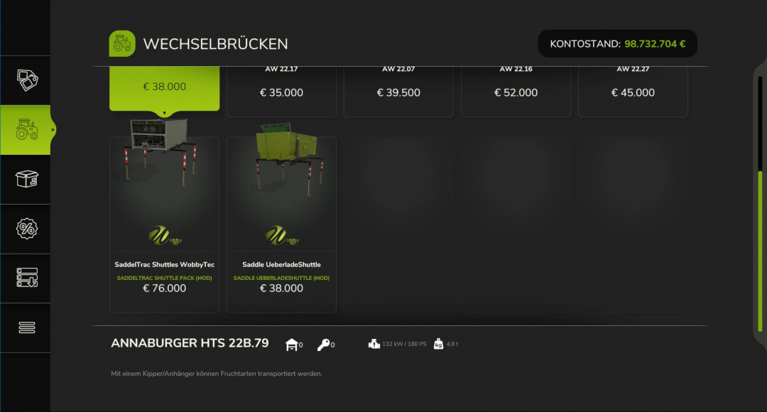 Screenshot of Farming Simulator 25 mods menu featuring FS25 Saddle Overload Shuttle v1.0.0.0 with price and details.
