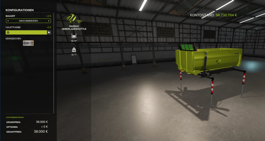 Farming Simulator 25 mod: FS25 Saddle Overload Shuttle v1.0.0.0 in a virtual storage setting, showcasing an overloading trailer with loading capacity details.