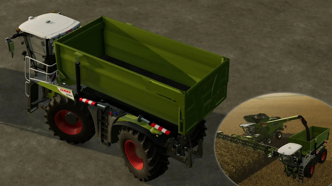 Farming Simulator 25 mod: FS25 Saddle Overload Shuttle in green with large wheels, used for transporting harvests or materials.