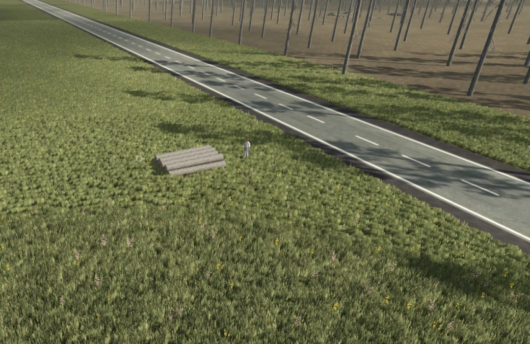 Farming Simulator 25 mod image showing a person standing near a small wooden structure in a green field next to a road, part of Fantasya World v1.0.0.0.