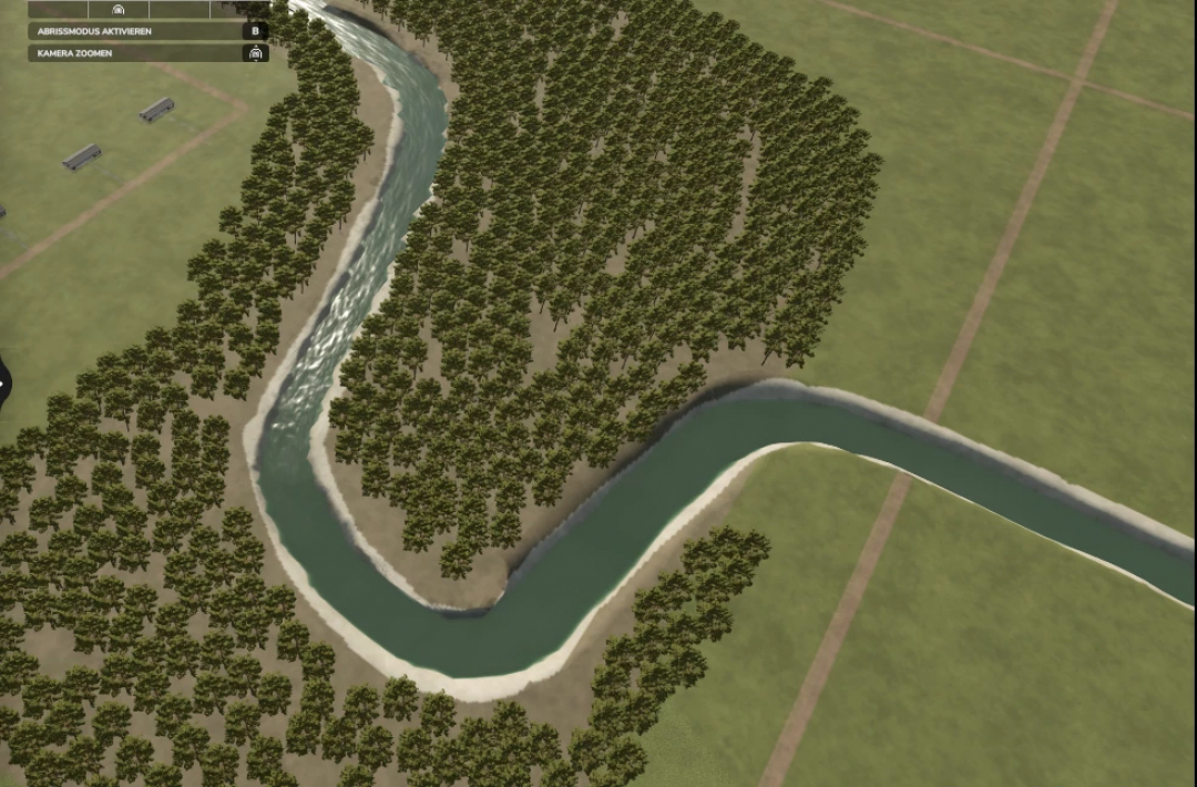 Farming Simulator 25 mod screenshot showing a winding river through a forest with trees, part of Fantasya World v1.0.0.0.