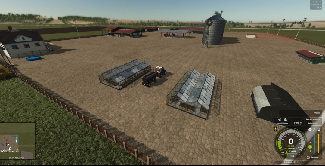 Farming Simulator 25 mod showcasing greenhouses, tractor, silos, and farm buildings in Fantasya World v1.0.0.0.