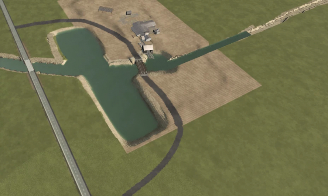 Farming Simulator 25 mod image of a dam with water, small buildings, and surrounding fields in Fantasya World v1.0.0.0.