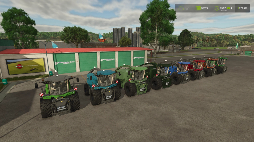 Farming Simulator 25 mods featuring a lineup of colorful Fendt tractors parked outside a dealership.