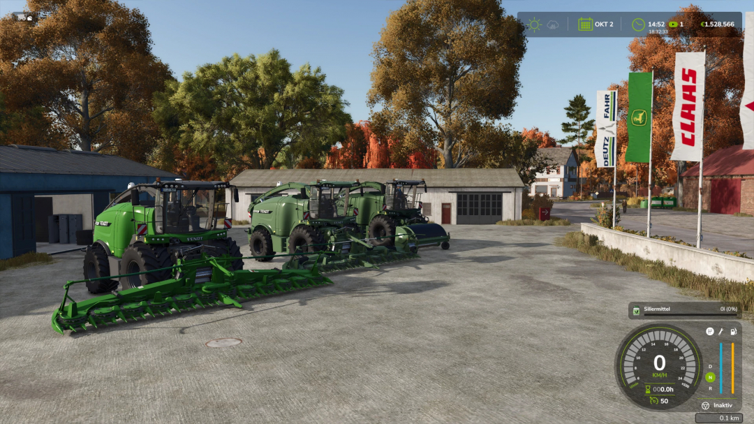 Fendt tractors with farming equipment in Farming Simulator 25, part of FS25 mods, showing detailed models and autumn landscape.