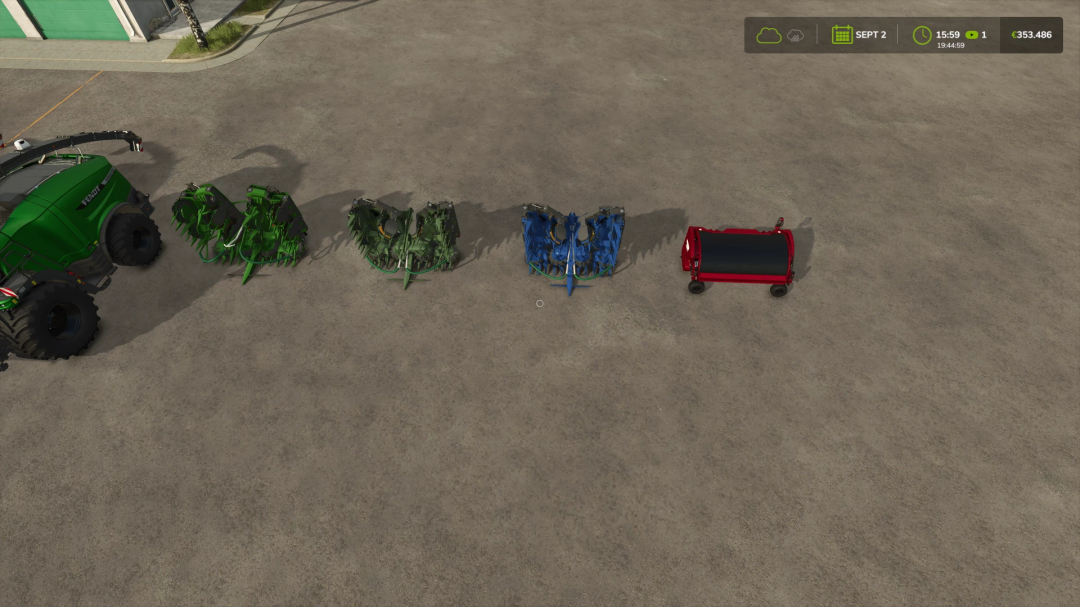 Lineup of FS25 mods, including green and blue cultivators, a red roller, on a farm ground in Farming Simulator 25.
