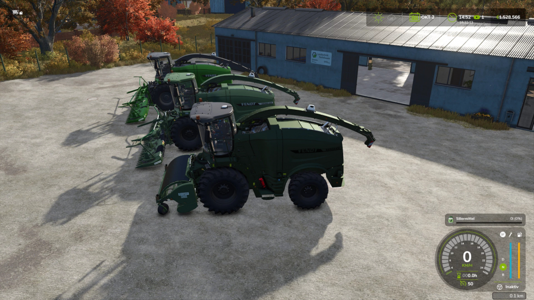 Farming Simulator 25 mods: three green Fendt Katana Pack v1.2.0.0 harvesters parked outside a blue farm building with autumn trees nearby.