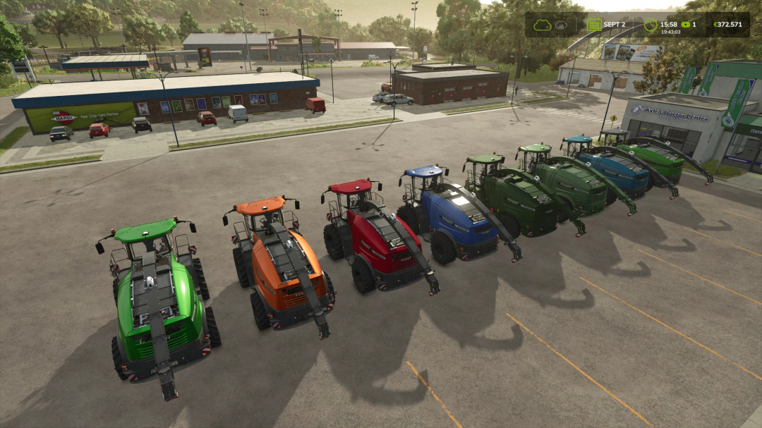 Farming Simulator 25 mods featuring a lineup of colorful Fendt tractors parked outside the tractor center.