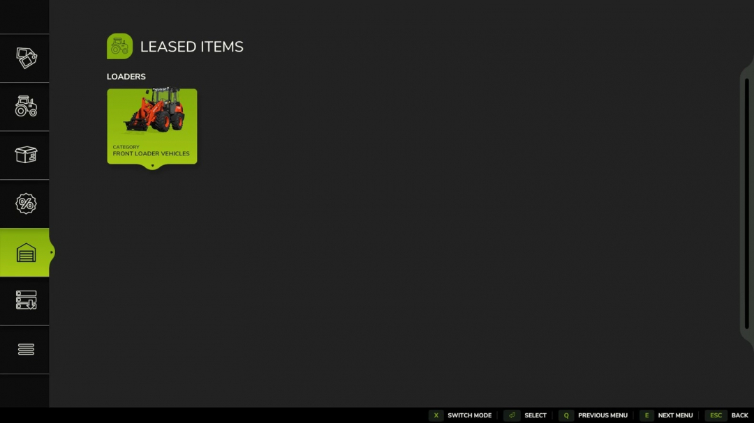 Farming Simulator 25 mod showing leased front loader vehicle in the garage menu.