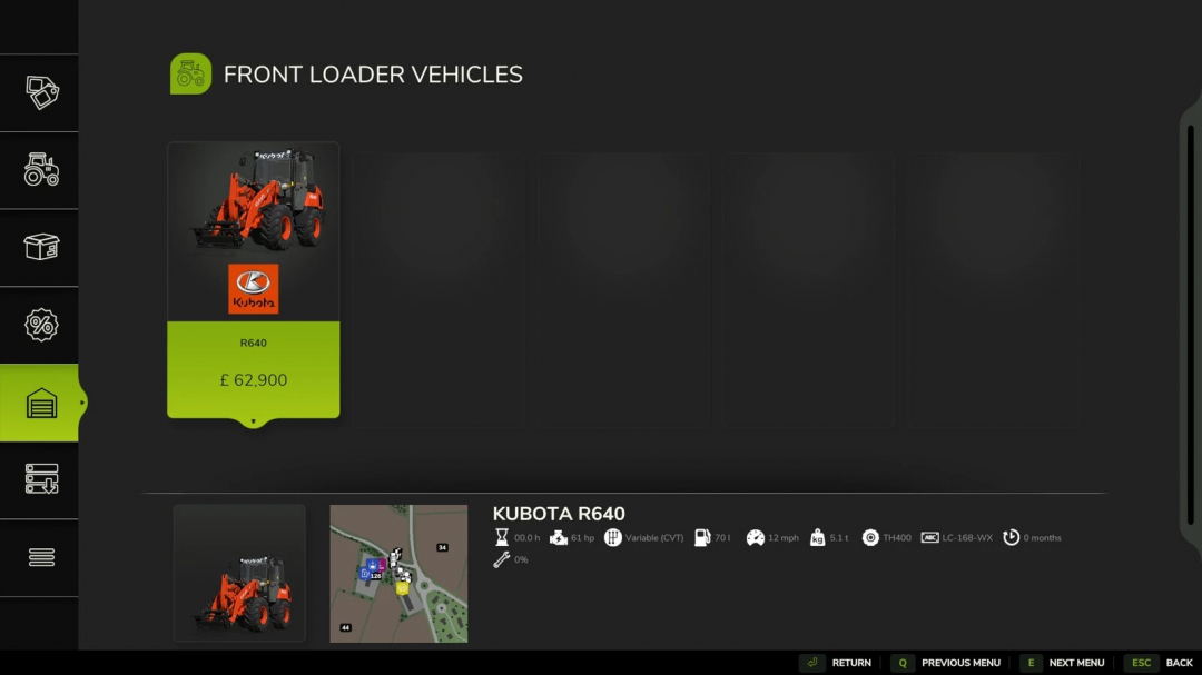 Farming Simulator 25 mod menu showing Kubota R640 front loader vehicle with price and specifications.