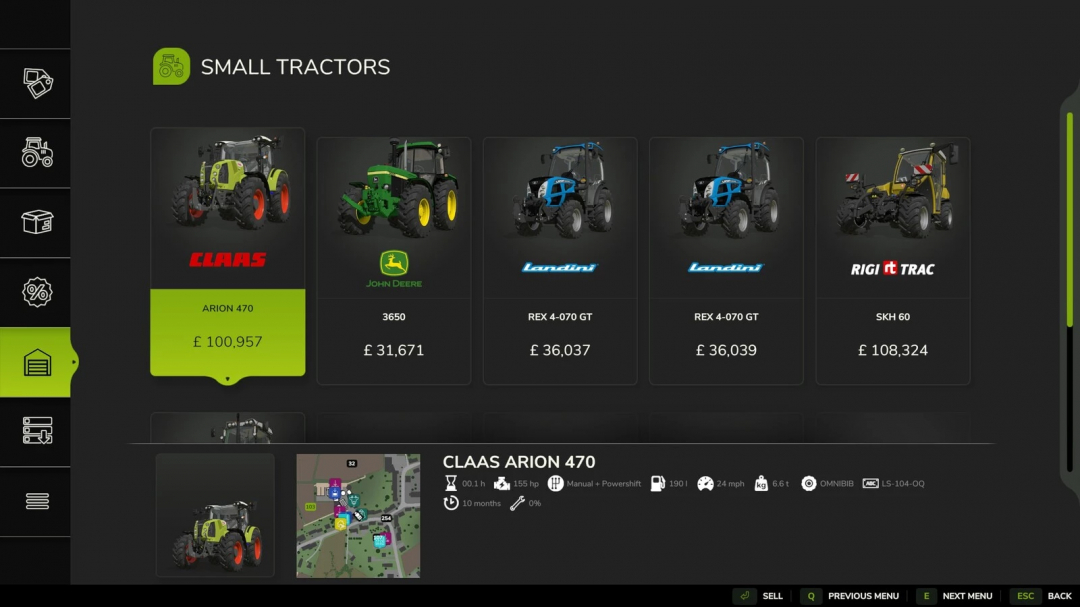 Farming Simulator 25 mod menu showcasing small tractors, including CLAAS, John Deere, Landini, and RIGI models with prices and features.