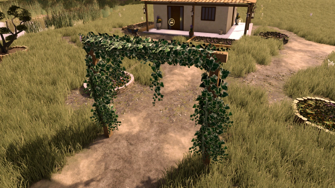 Farming Simulator 25 mod: Garden Decoration v1.0.0.0 with a wooden archway and lush greenery, ideal for enhancing farm aesthetics.