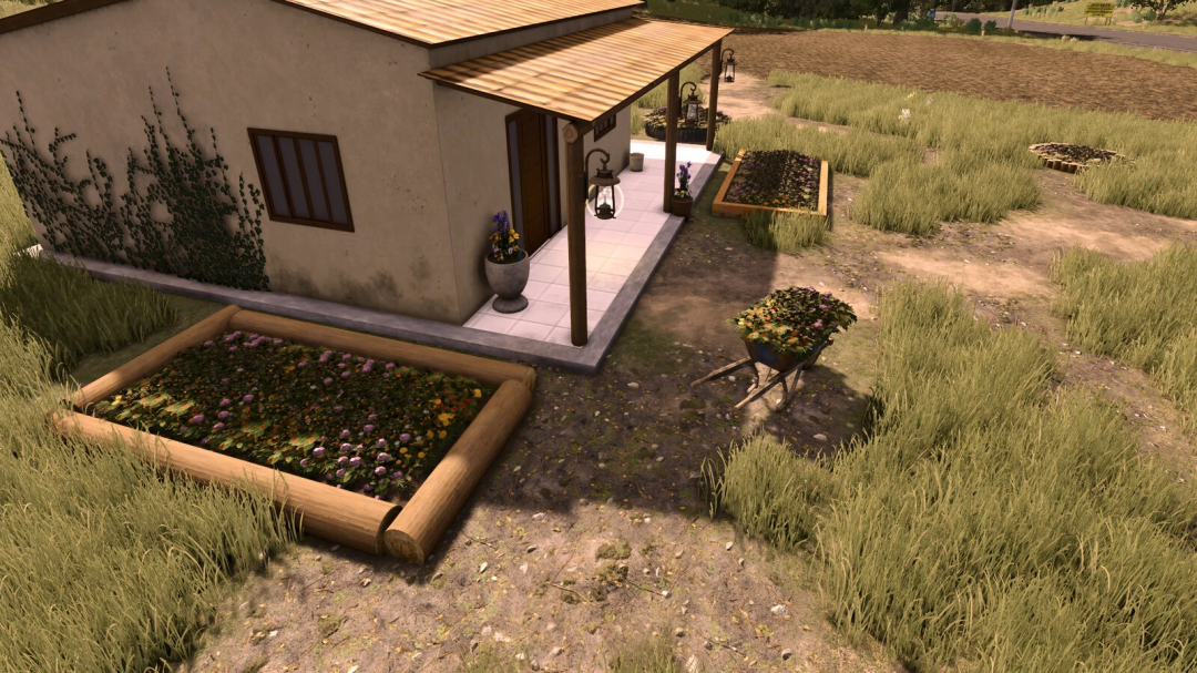 Farming Simulator 25 mod featuring a cozy garden with flower beds, wheelbarrow, and outdoor decorations.