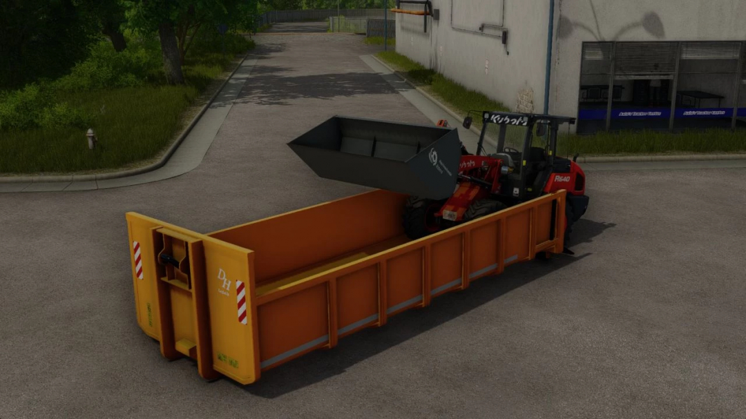 Farming Simulator 25 mod image showing a HKL roll-off container being loaded onto a forklift for municipal waste collection.