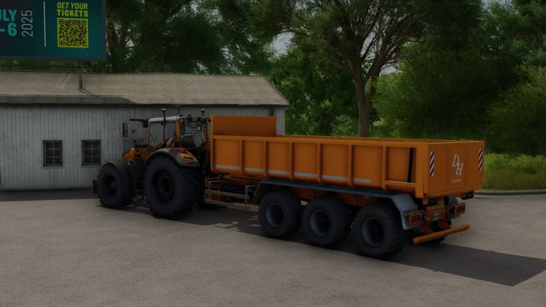 Farming Simulator 25 mod: orange HKL roll-off container with 'DH' logo parked near a building in Farming Simulator 25.