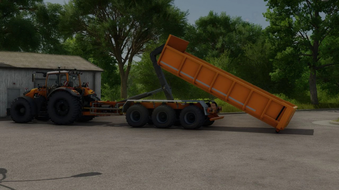 Farming Simulator 25 mod showing HKL roll off container for municipal waste on a tractor, with a background of trees and a shed.