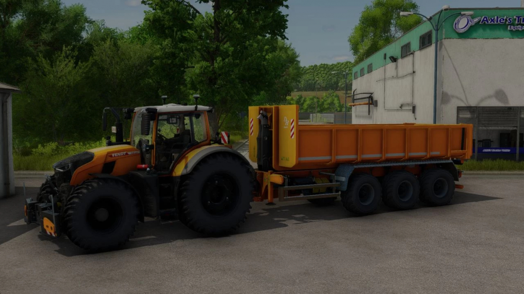 Farming Simulator 25 mod showcasing a Fendt tractor with an HKL roll-off container mod, used for municipal waste management in FS25.