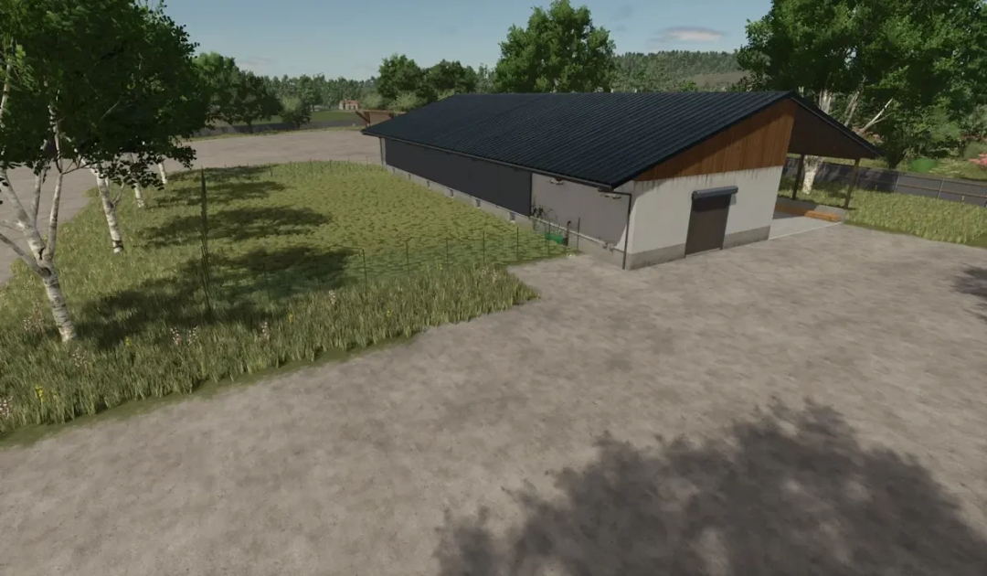 Farming Simulator 25 mod: Chicken coop building in a farm setting with trees and open space, part of the FS25 mods collection.