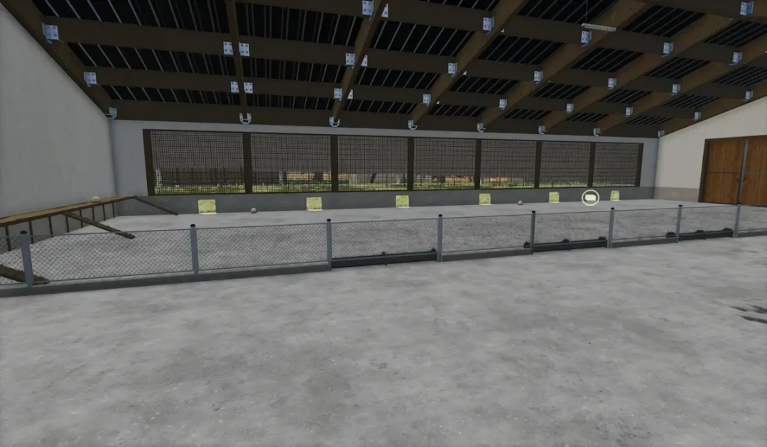 Farming Simulator 25 mod: Indoor poultry enclosure with fencing, gravel floor, and windows for chickens.