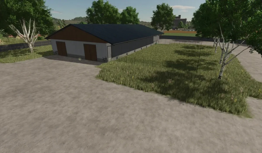 Screenshot of a chicken coop mod in Farming Simulator 25, with grass and trees in a rural farm setting.