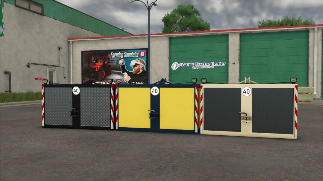 Three different colored home weight mods from Farming Simulator 25 in front of axle's tractor center.