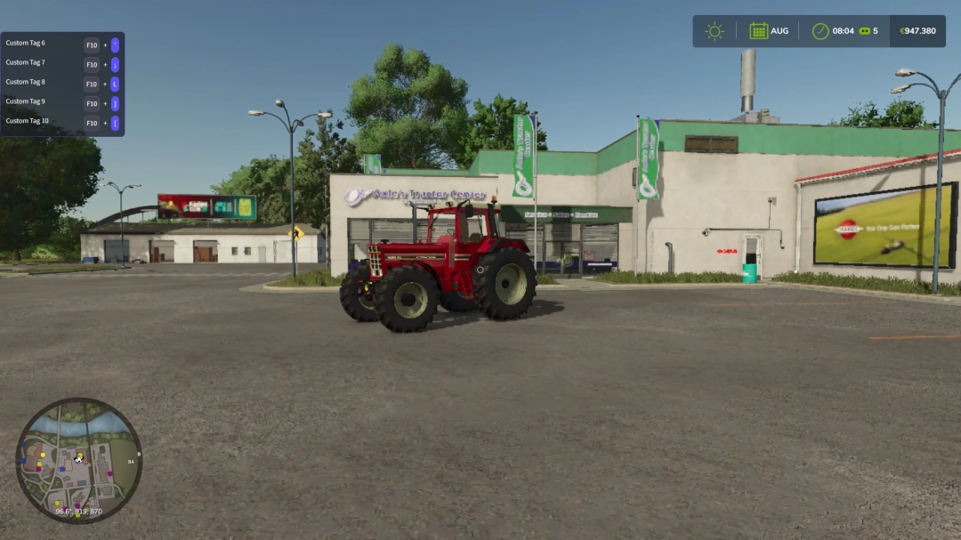 Farming Simulator 25 mod featuring a red IHC 1255/1455XL tractor outside a shop in the game.