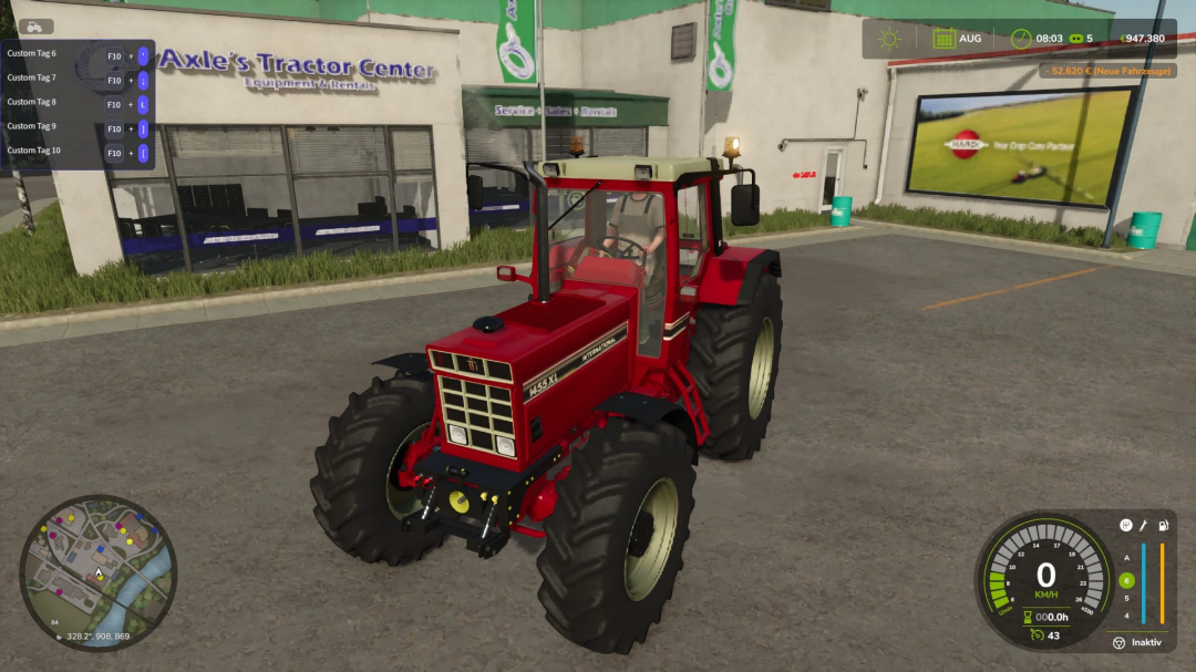 Farming Simulator 25 mod: IHC 1255/1455XL tractor in front of Axle's Tractor Center, detailed and realistic in-game graphics.