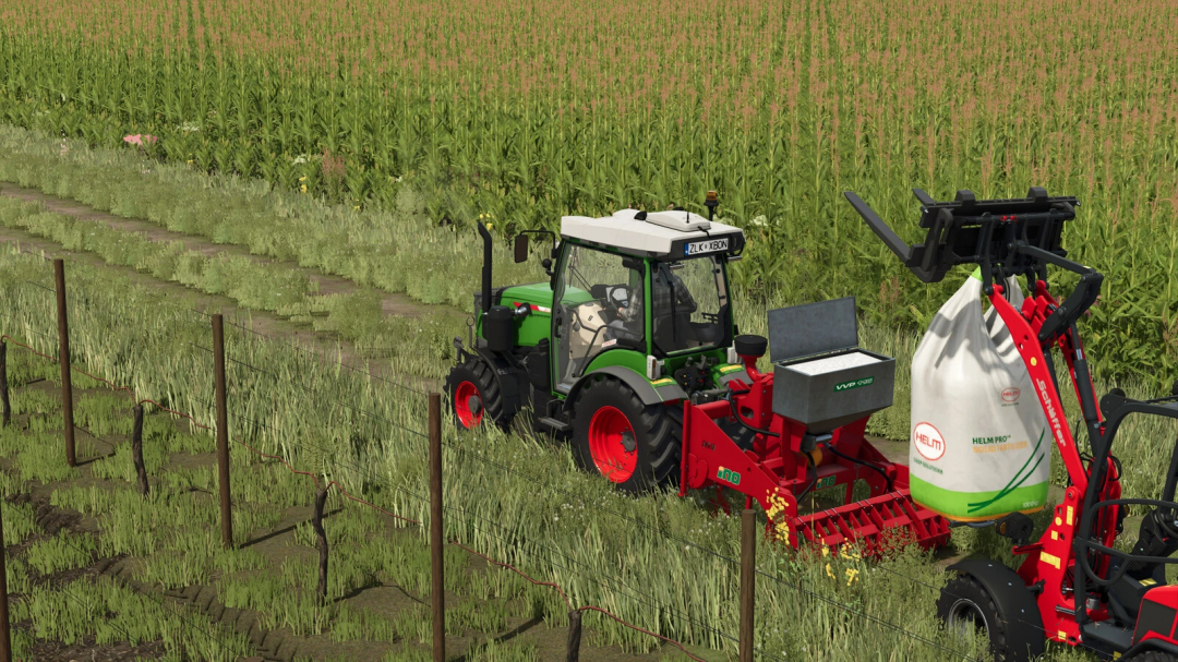 Farming Simulator 25 mod showing a tractor with a bag of fertilizer attached near a cornfield in FS25.
