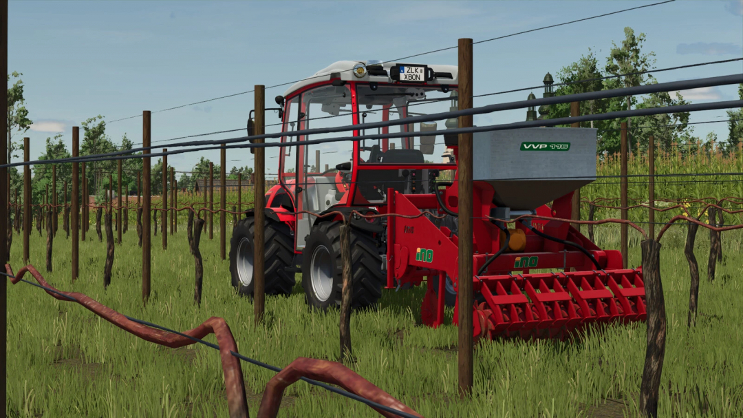 Farming Simulator 25 mods: Ino Vvp v1.0.0.0 vineyard sprayer working in a vineyard in FS25.