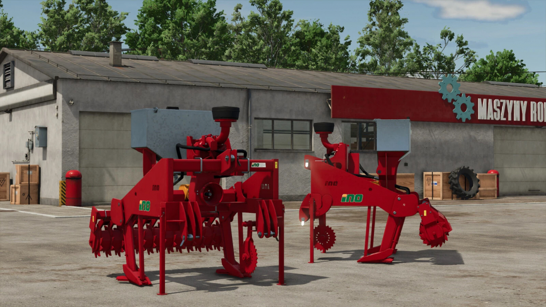 Farming Simulator 25 mods featuring the Ino Vvp v1.0.0.0 machinery outside a workshop building.