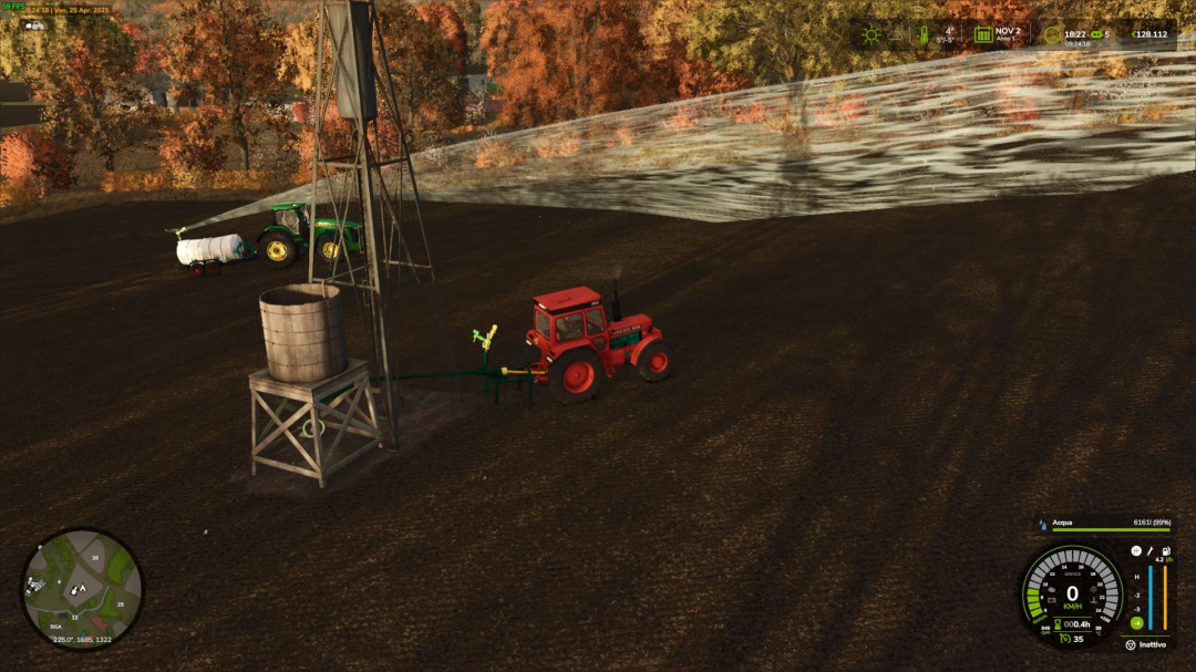 Farming Simulator 25 mod showing a red tractor irrigating a field with a water tower and farm equipment, part of the Irrigation Pack (Platinum Edition) v1.0.0.0.