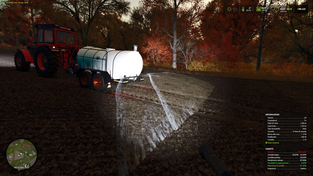Farming Simulator 25 mod: Watering crops with the irrigation pack, showcasing a tractor with a water tank in an autumn landscape.