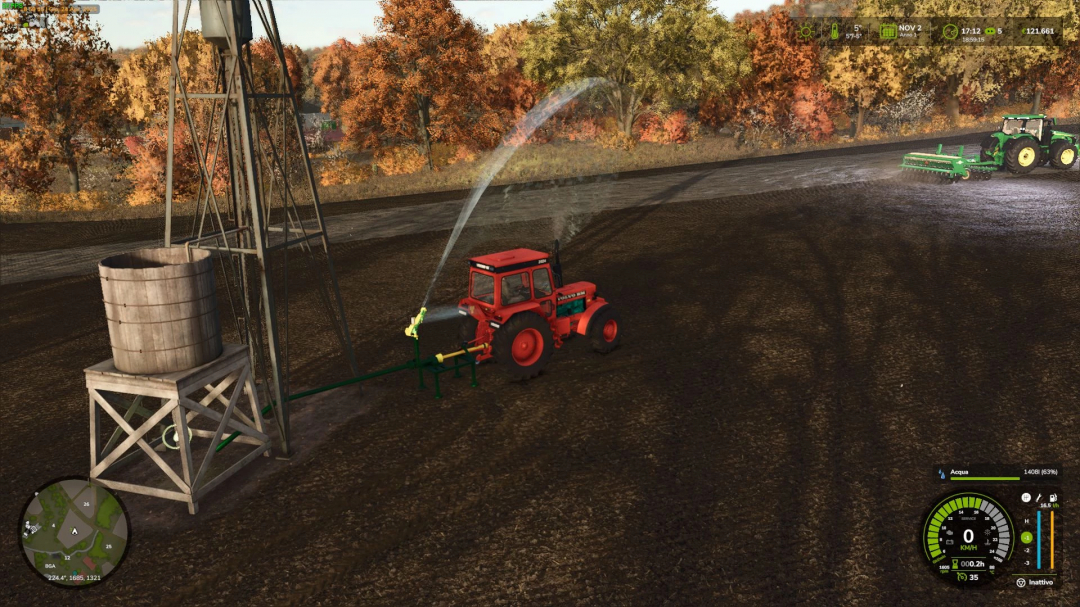 Farming Simulator 25 mod: Red tractor with irrigation equipment watering fields in autumn colors, part of the Irrigation Pack (Platinum Edition) v1.0.0.0