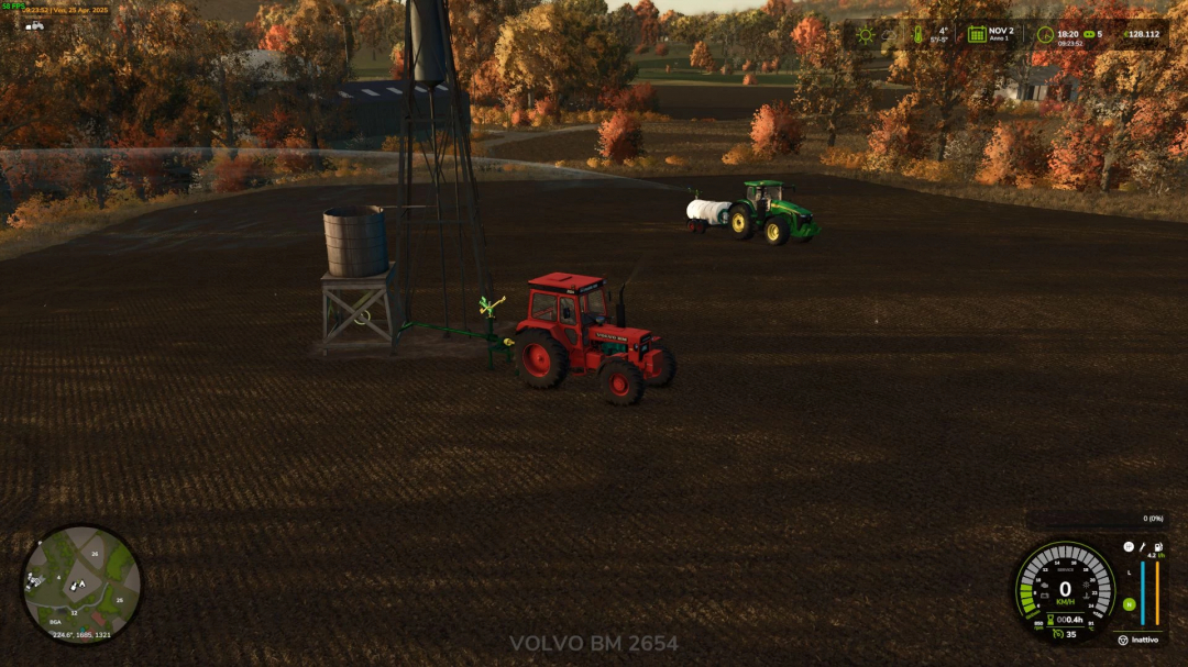 Farming Simulator 25: Tractor operating an irrigation system in a fall landscape, part of the Irrigation Pack (Platinum Edition) mod.