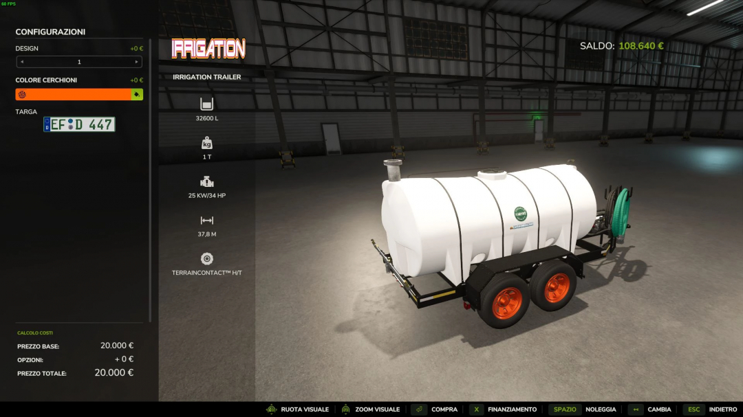 Farming Simulator 25 mod image showing the Irrigation Pack (Platinum Edition) trailer with a large water tank, hoses, and wheel setup in the game.
