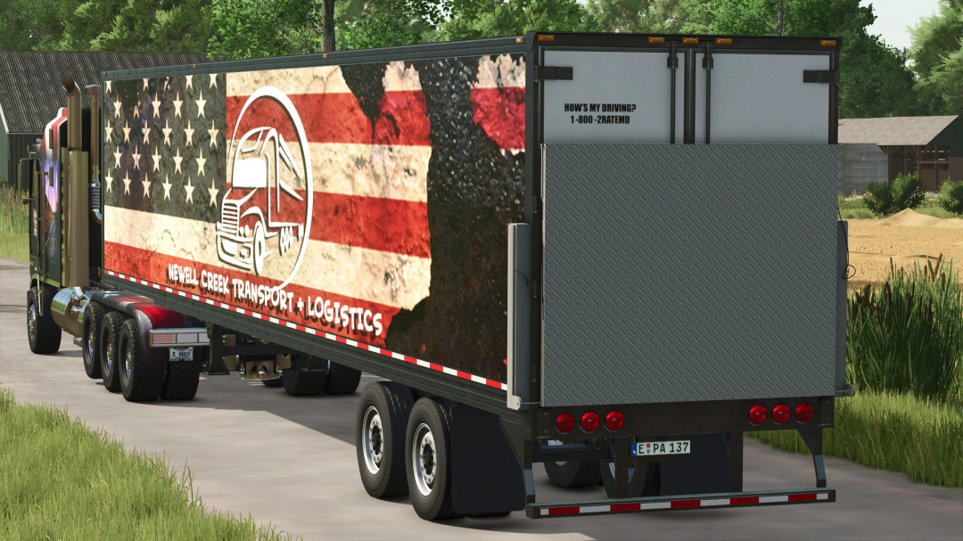 Farming Simulator 25 mod – Kenworth K100 American Edition truck with trailer, featuring Newell Creek Transport & Logistics branding.