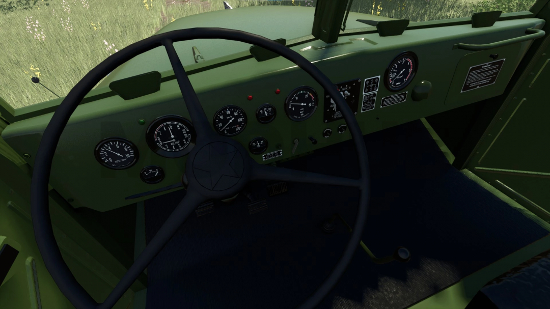 Close-up of the tractor cabin interior from Farming Simulator 25, featuring vintage dashboard gauges and steering wheel with mods.
