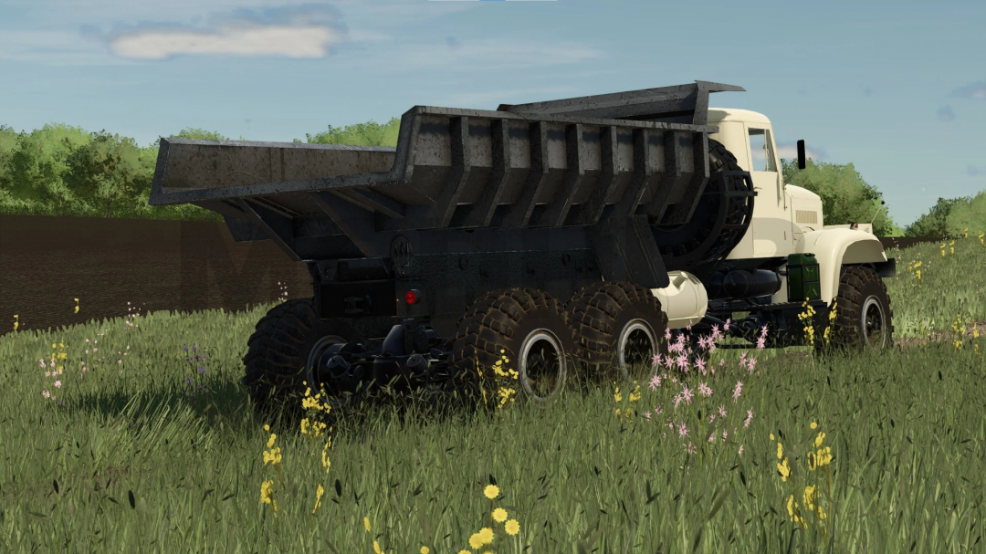 Farming Simulator 25 mod: Kraz-255 v1.0.0.1 truck with a black dump bed on a grassy field, part of FS25 mods collection.