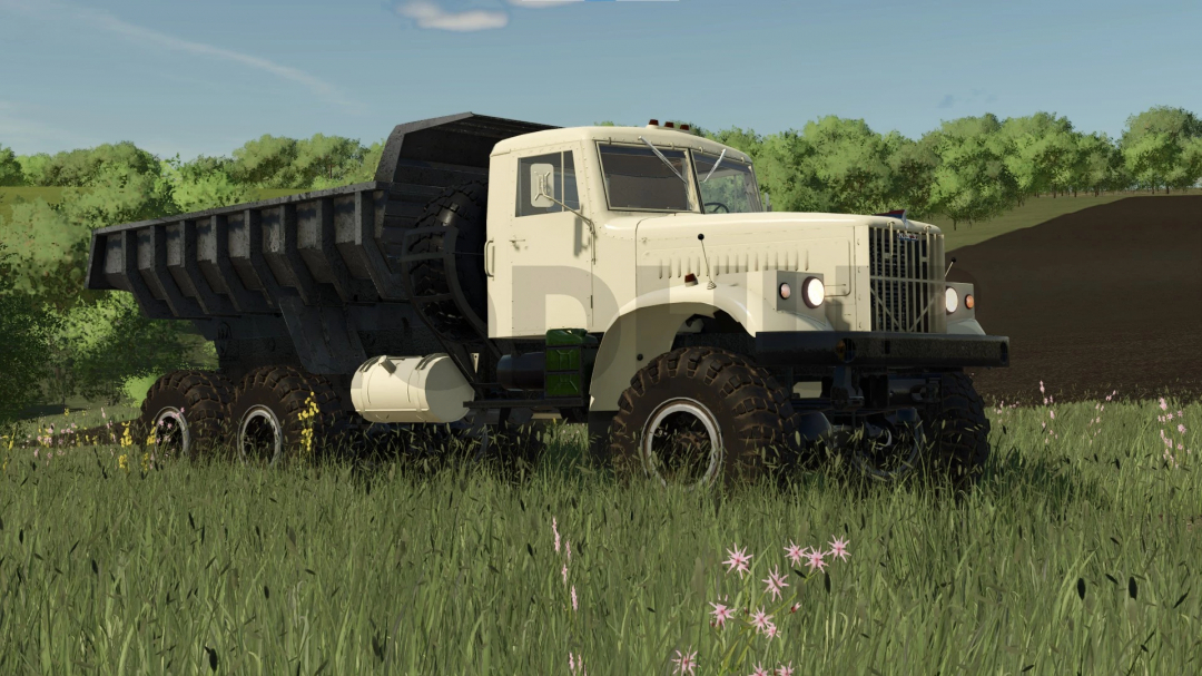 Farming Simulator 25 mod showcasing the Kraz-255 v1.0.0.1 truck in a grassy field with trees in the background.