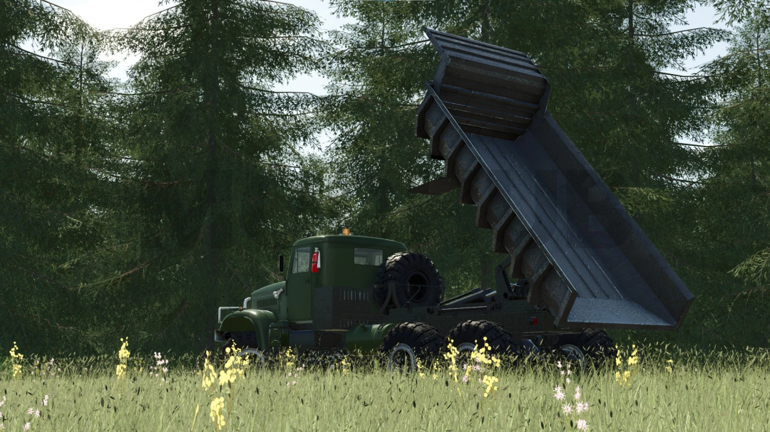 Farming Simulator 25 mod featuring a Kraz-255 military truck with a dump bed in a forest setting for FS25 mods.