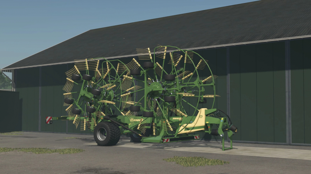 Farming Simulator 25 mods: Krone Swadro TC 1370 rake for harvesting, detailed model in front of a farm building.