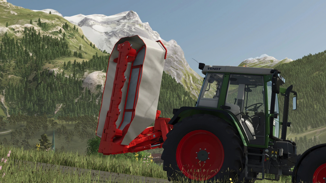 Farming Simulator 25 mod: Kuhn GMD 100 Pack v1.0.0.0 trailer attached to a green Fendt tractor in a mountain landscape.