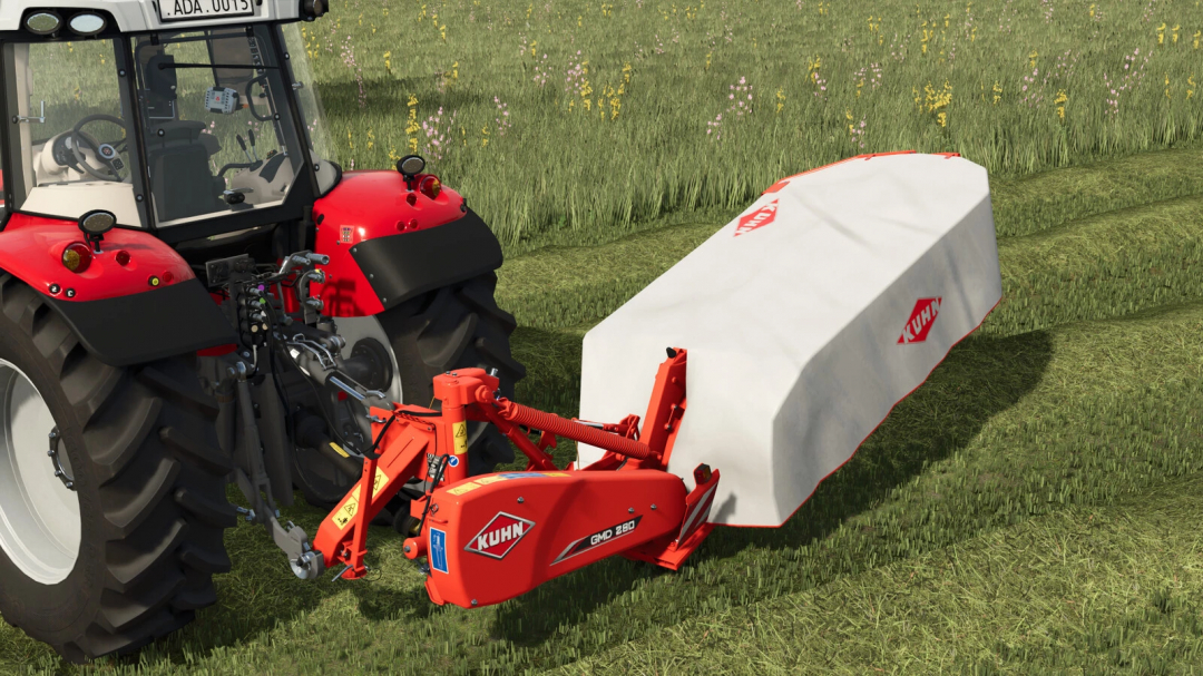 Farming Simulator 25 mod: Kuhn GMD 280 grass harvester attachment connected to a tractor on a grassy field.
