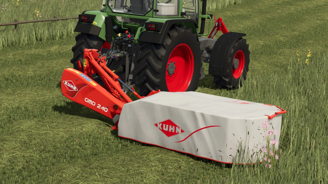 Farming Simulator 25 mod featuring the Kuhn GMD 240 mower attached to a tractor in a grassy field.