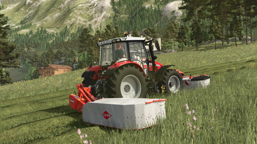 Farming Simulator 25 mod: Kuhn GMD 100 Pack on a grassy hillside with mountains, trees, and farm buildings in the background.