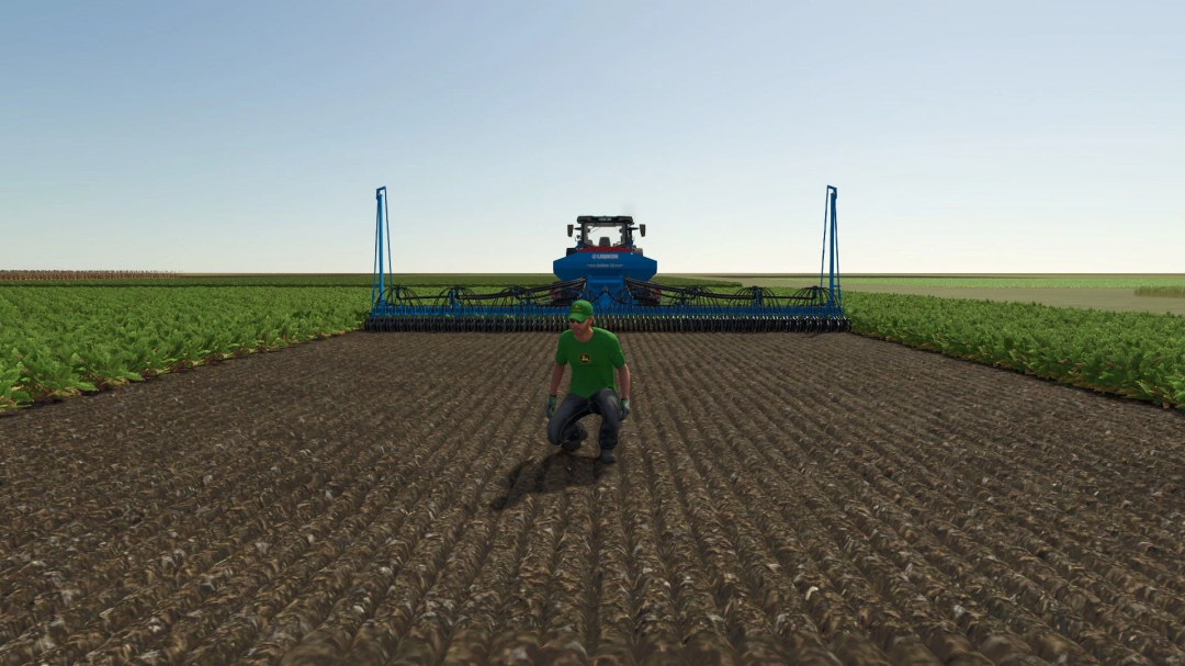 Farmer kneeling in front of Lemken Solitair 12 Edit mod in Farming Simulator 25, tractor in the background, with crop fields.