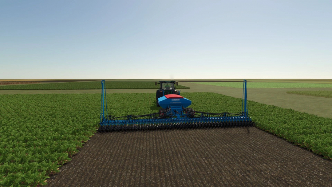 Farming Simulator 25 mods: Lemken Solitair 12 Edit v1.0.0.0 seeder working in a large field.