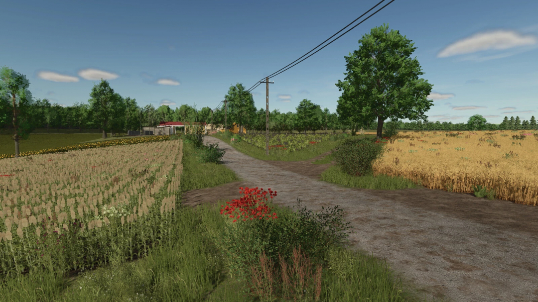 Country dirt road with trees, flowers, and power lines in Farming Simulator 25, showcasing the Lipinki v1.3.0.0 mod for FS25 mods.